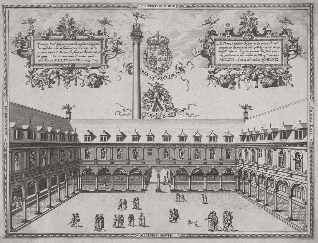 Engraving of the Royal Exchange courtyard, London, seen from roof height, with merchants at business below.